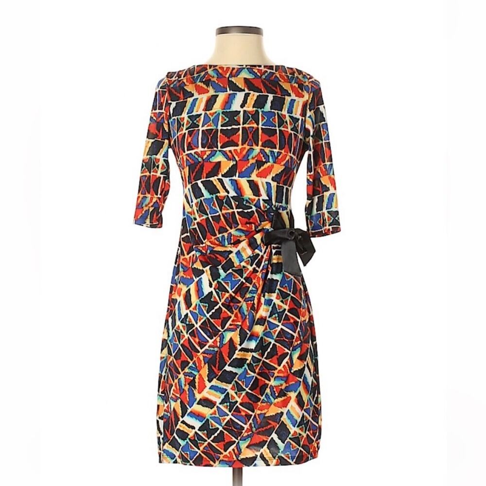 Shelby + Palmer Faux Wrap Boho Ikat Print Sheath Dress 4 Petite